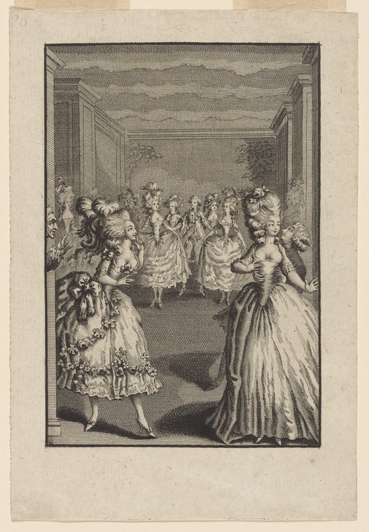 Eighteenth-century engraving of two women in elaborate court dress observing or participating in a formal ballroom dance, with a crowd of aristocratic figures
