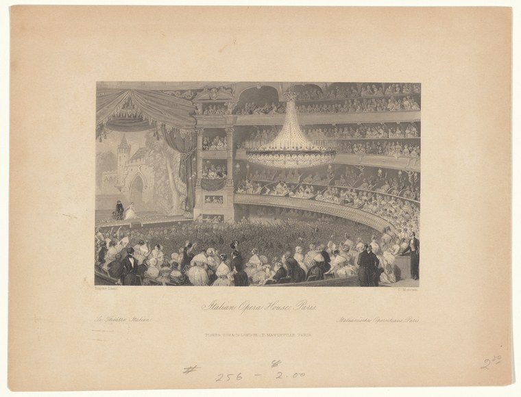 Interior of a grand European theater with a packed audience filling the auditorium, a distant stage with a large chandelier, ornate columns and vaulted ceiling.