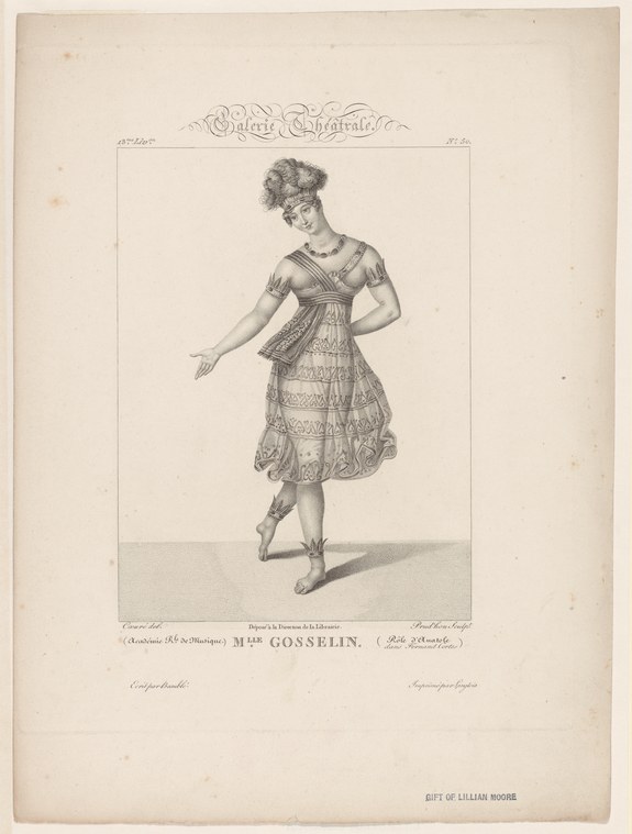 Engraving of a woman in an Empire-waist dress with puffed sleeves standing in a relaxed pose, arm extended downward, against a plain background.