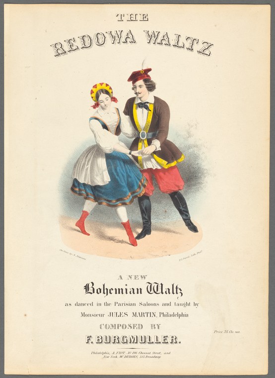 A couple in 1840s dress performing a Redowa waltz in closed ballroom position, mid-turn, the woman's blue skirt swinging outward.