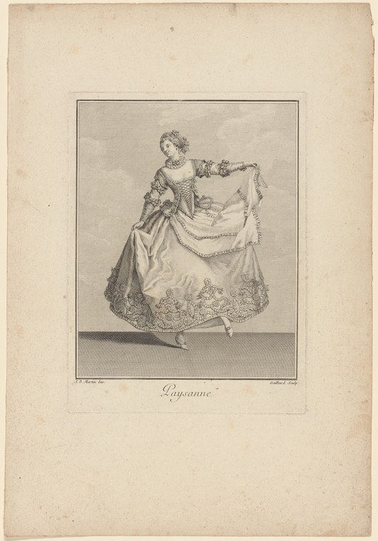 Engraving of an eighteenth-century female dancer in elaborate costume, standing with left arm raised, holding up her decorated skirt.