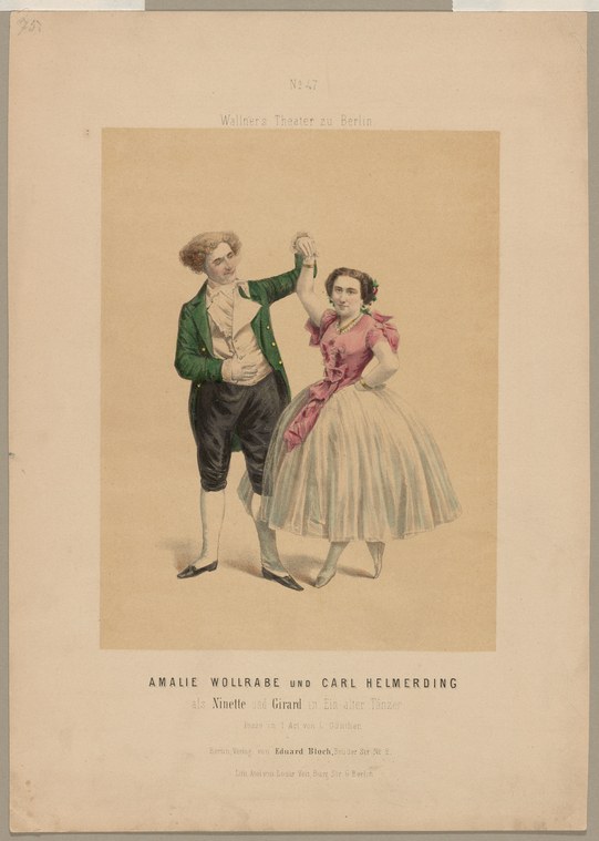 A young man in green coat leans back with raised arm toward a woman in pink bodice and cream skirt, in a theatrical courtship pose.