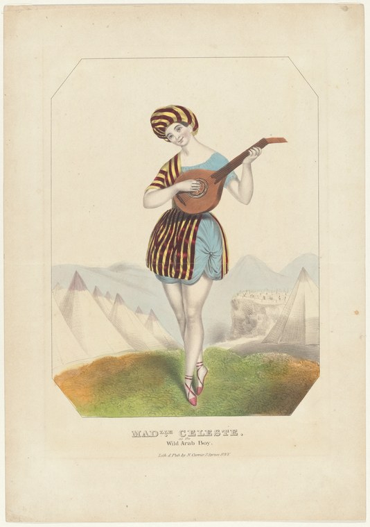 A young woman in a striped tunic and pink heels stands with a lute against a backdrop of pyramids, gazing outward.