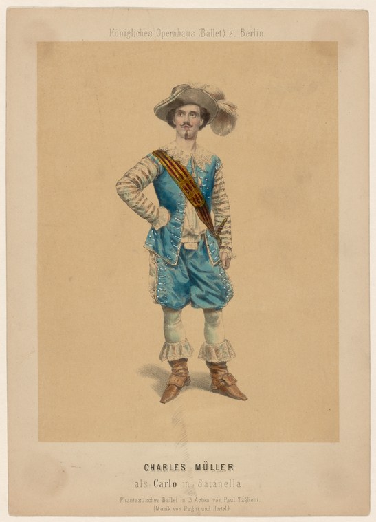 A male dancer in elaborate blue silk coat, striped sleeves, and feathered hat stands with hand on hip, looking toward viewer.
