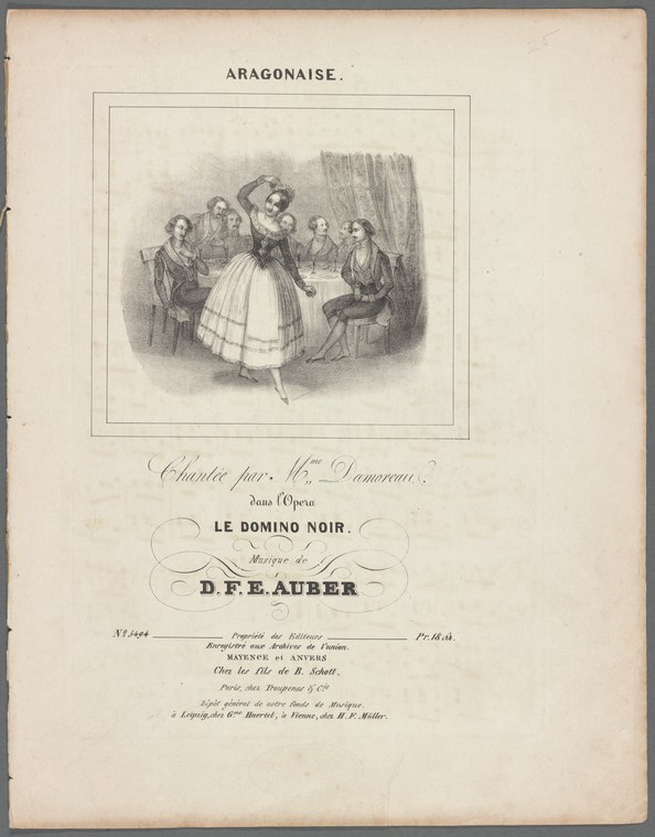 Woman in a white ball gown performs an expressive dance pose, watched by five seated men in a theatrical interior.