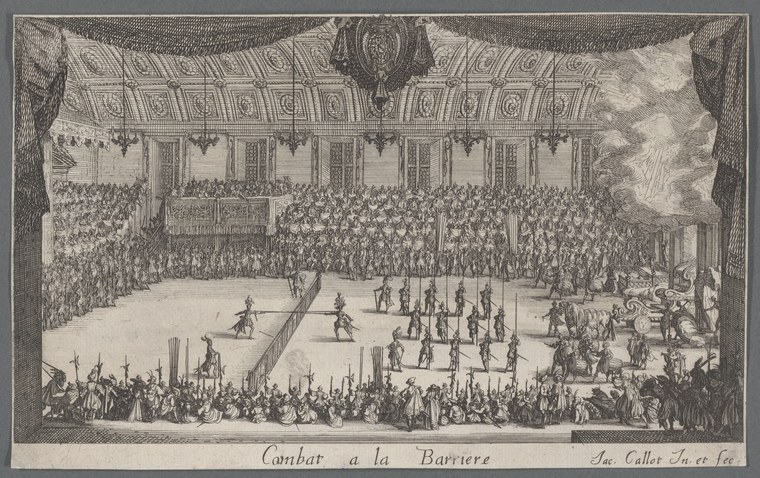 Engraving of two mounted figures in formal combat in a grand hall, surrounded by crowds of aristocratic spectators in galleries.
