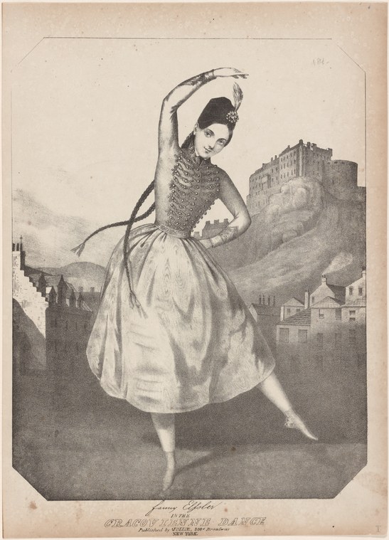 A woman in a fitted bodice and full skirt performs a rapid turn on stage, one arm raised, in front of a painted castle backdrop.