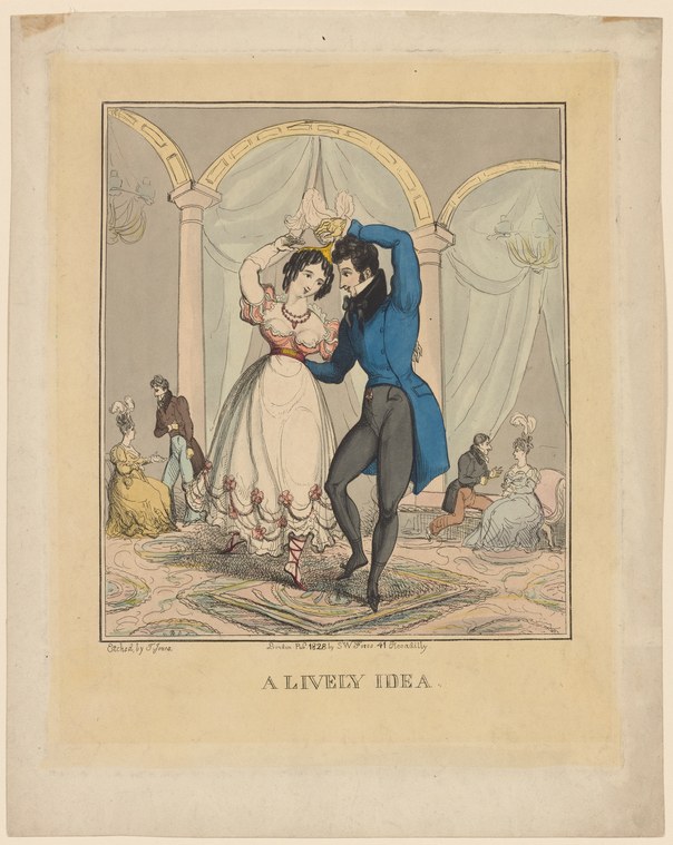 A man in a blue coat and woman in a white gown dance closely in a neoclassical ballroom, their bodies intimate and touching.