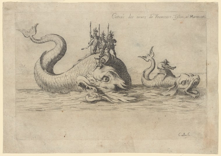 Engraving of three ornate sea creatures carrying armed dancers in military dress, arranged symmetrically in water.