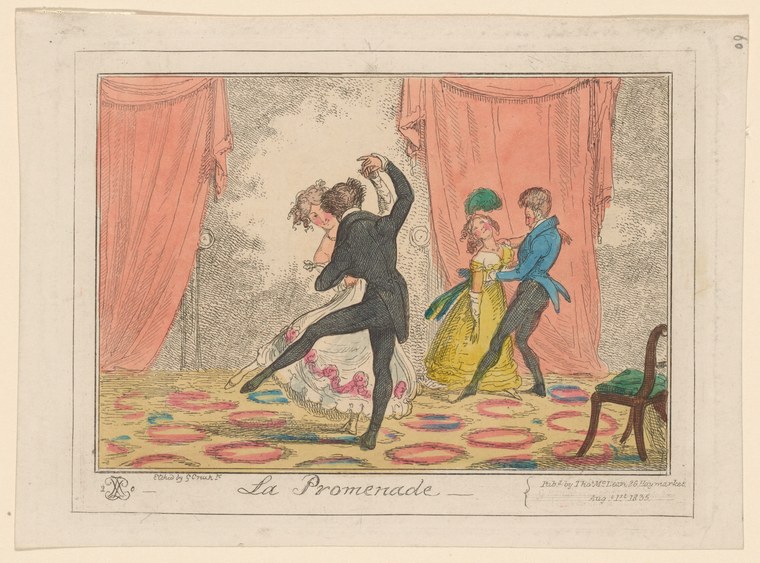 Hand-colored engraving of a man in dark coat performing a dramatic backward arch while two fashionably dressed figures watch from the right.