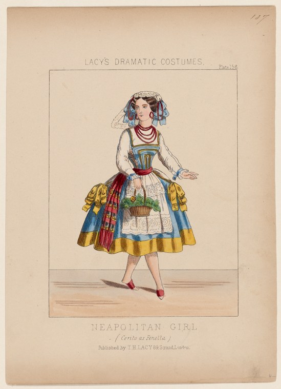 Woman in Neapolitan costume with blue and gold skirt, white apron, laced corset, coral beads, and ribboned headdress, standing in theatrical pose.