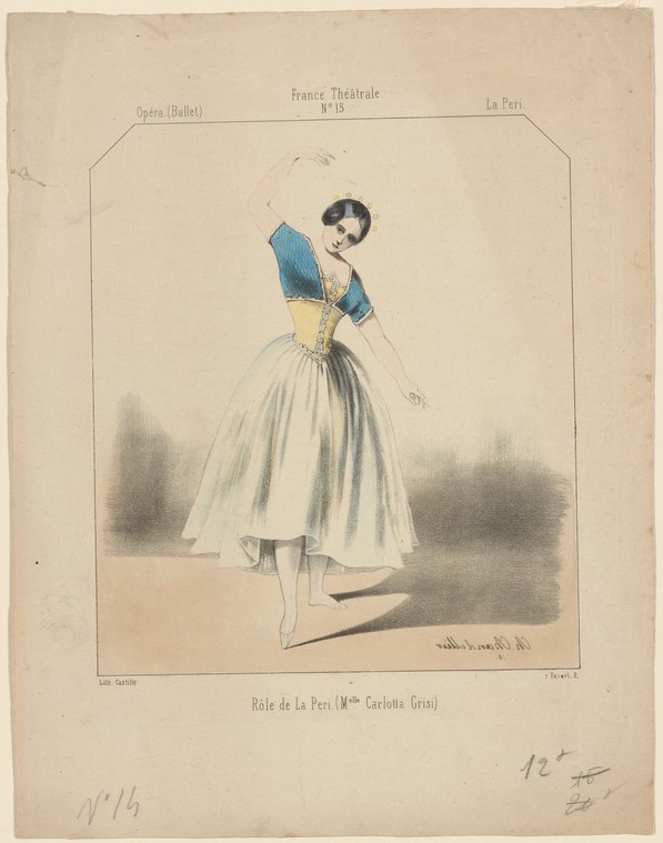 A woman in a blue velvet bodice and white tulle skirt stands nearly en pointe, one leg extended behind, arms in classical ballet position.