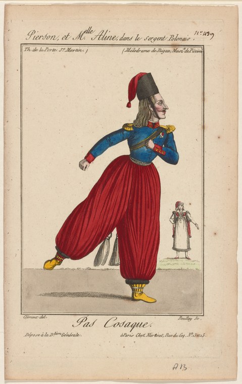 A single dancer in a vibrant red pleated skirt and blue military jacket leans forward dynamically, arms angular, wearing a tall Polish military cap.
