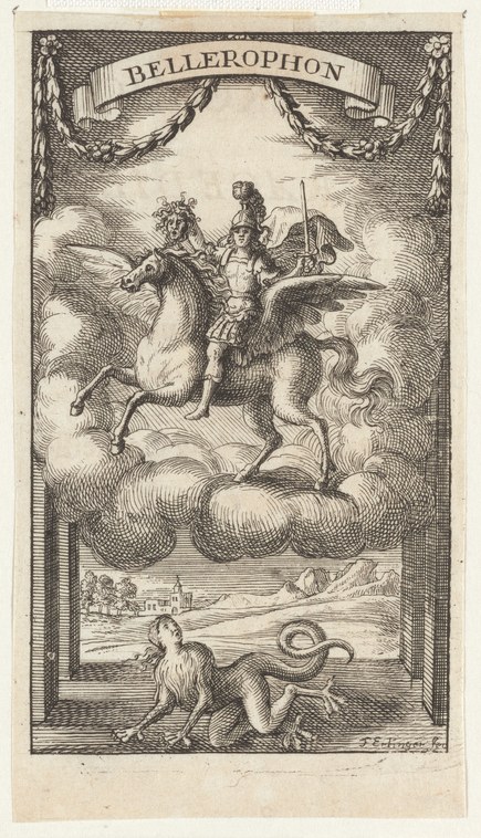 Engraving of a winged horse with an armored warrior and crowned figure, while a contorted satyr writhes below in clouds.