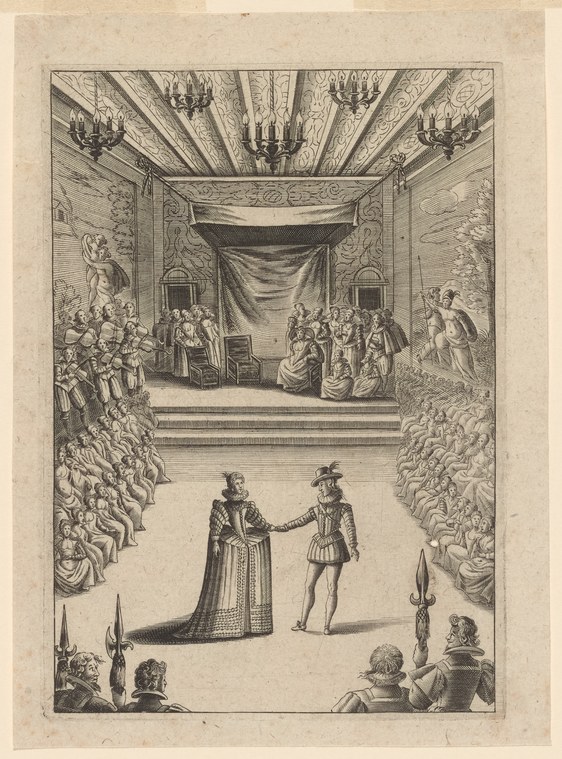 Engraving of a formal court assembly at the Louvre: a woman in an elaborate gown and a man in doublet stand before a draped stage, with courtiers lining the