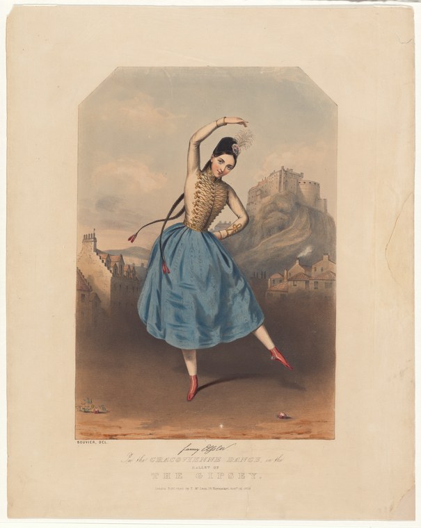 Woman in blue skirt and gold corset, arms raised, twisting mid-turn on rocky mountainous ground with fortress in background.