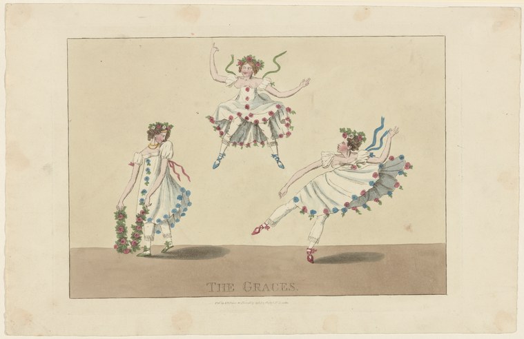 Hand-colored engraving of three female dancers in classical drapery and floral crowns, in allegorical poses.