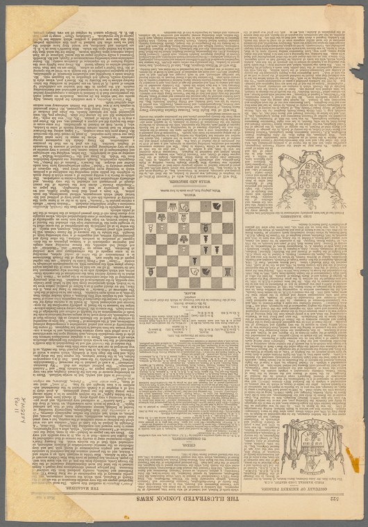 Aged printed newspaper page with three columns of text, chess diagram, and heraldic emblem, reporting a Grand Masonic Ball in Dublin.