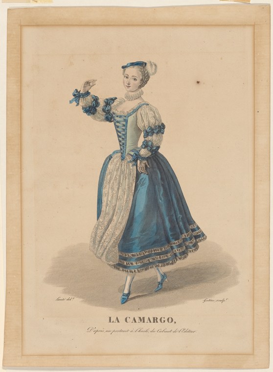 An eighteenth-century hand-colored engraving of a woman in a pale gown with blue trim, standing on the ball of one foot holding flowers, in a refined balletic