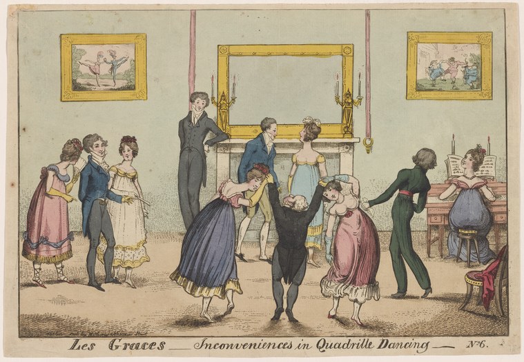 A crowded ballroom scene showing four couples dancing a quadrille in formation while spectators watch from the sides, rendered as a hand-colored satirical