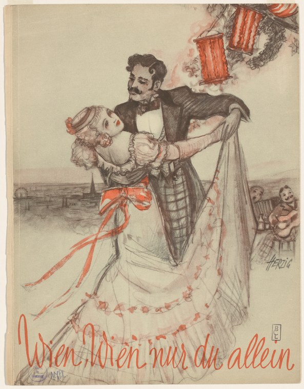 Man in tailcoat lifts a woman in a white ball gown with a red bow against a Vienna cityscape.