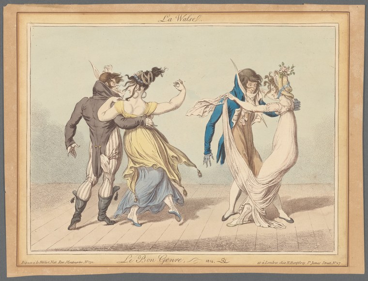 Hand-colored engraving of a couple in close embrace, leaning forward toward each other. A second couple watches from the right.