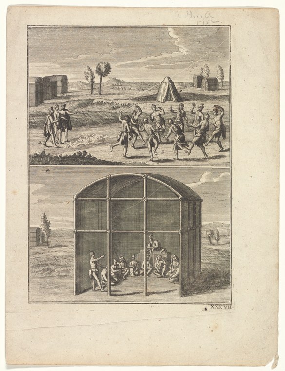 Two stacked engravings showing Indigenous people in animated, celebratory poses outdoors and sheltered within a large wooden structure.