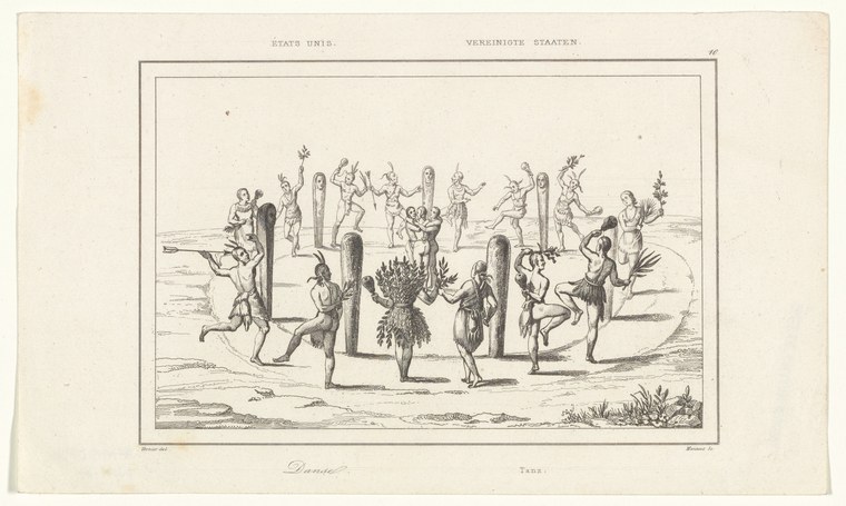 Engraving of Indigenous people gathered in a landscape, many with raised arms, wearing feathered headdress and minimal clothing around a central costumed