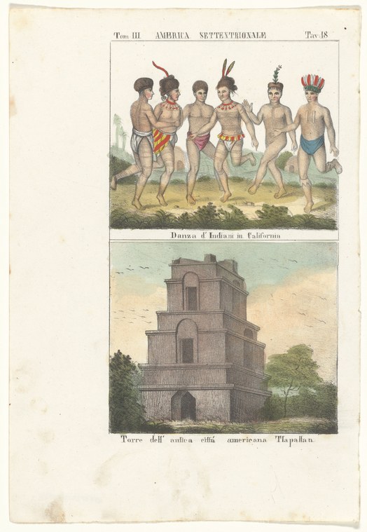 Six indigenous men in feathered headdresses and minimal clothing dance in varied poses across an open landscape; below, a tall adobe tower structure.