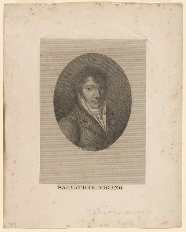 Engraved portrait of a young man in dark coat and white cravat, facing left, within an oval frame. Caption reads Salvatore Viganò.