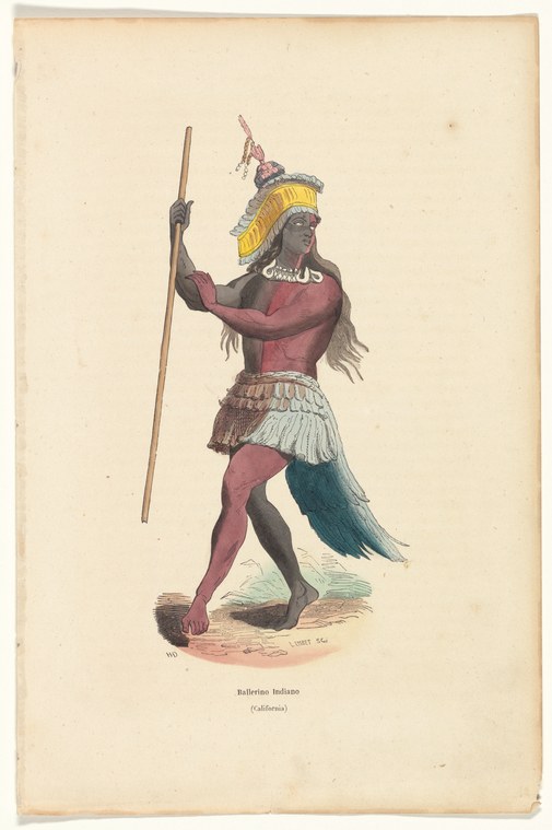 Hand-colored engraving of a Native American man in feathered headdress and patterned costume, holding a staff, in a dynamic ceremonial stance.