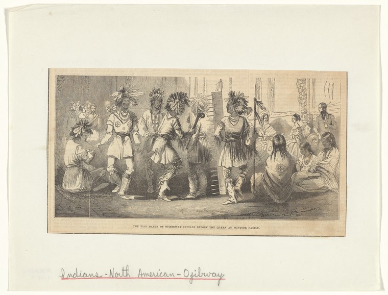 Engraving of Native Americans in elaborate feathered headdresses and European-style clothing in a formal interior setting, arranged in static, hierarchical