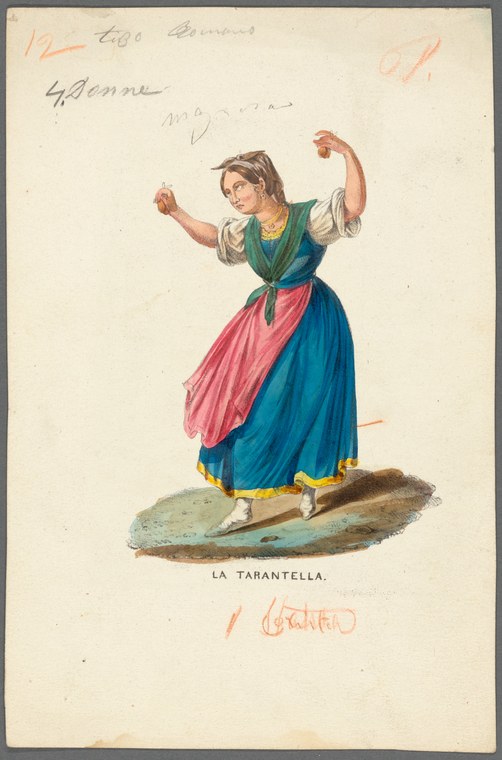Hand-colored print of a woman in teal and coral regional dress, arms raised, spinning in a dynamic tarantella pose.