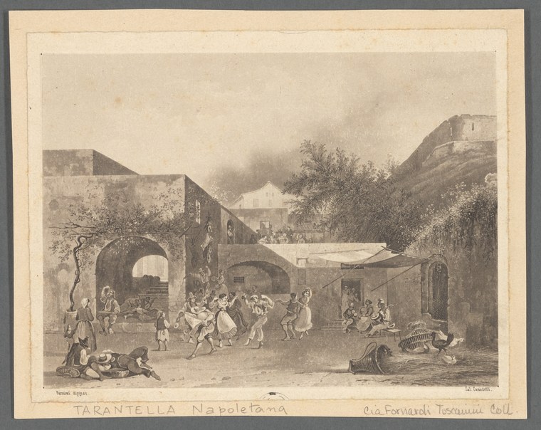 Dancers in long dresses spin and turn in a crowded Naples courtyard surrounded by stone buildings and a tower.