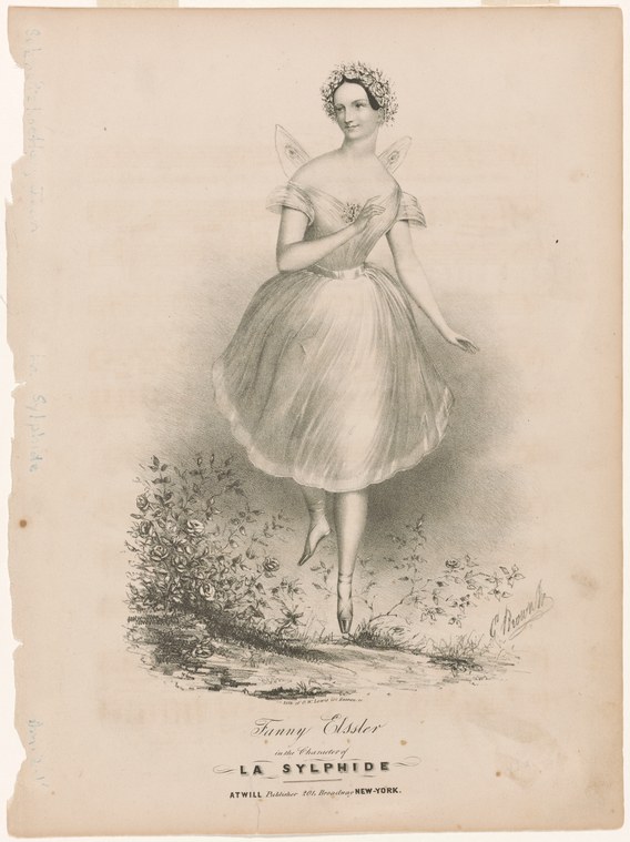 Fanny Elssler in ballet pose, white tulle skirt, wreath in hair, rocky landscape below, lithographic print.