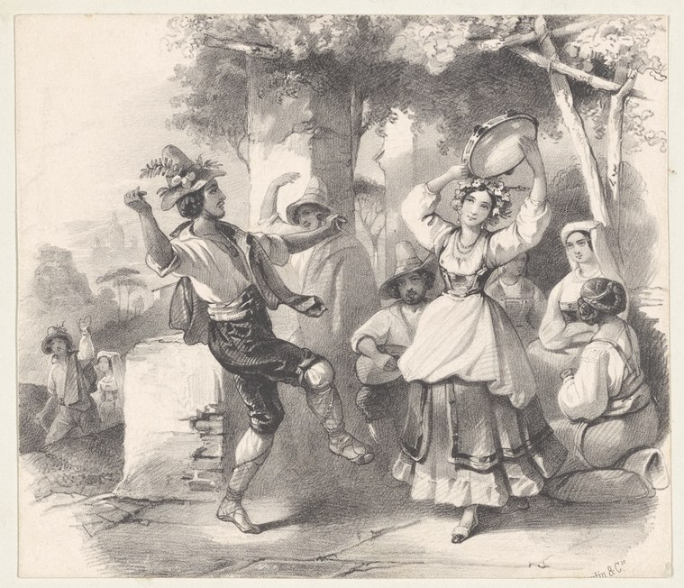 Woman in white chemise dances with raised tambourine, pipe player at left, seated women clapping, outdoor Italian setting beneath trees.