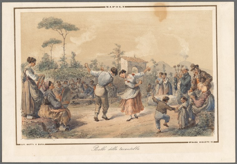 Hand-colored print of a rural tarantella dance in southern Italy, with rotating dancers at center surrounded by spectators in folk dress.