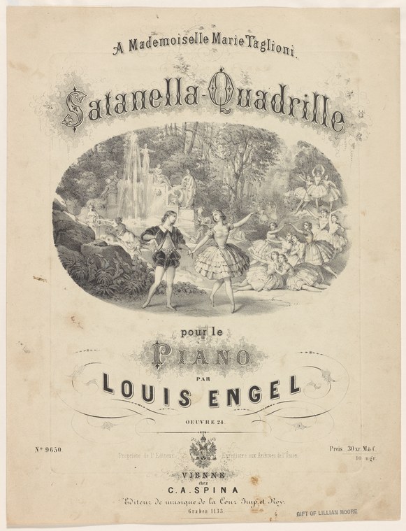 Engraved title page showing formally dressed couples dancing the quadrille in a ballroom setting, dedicated to Marie Taglioni.