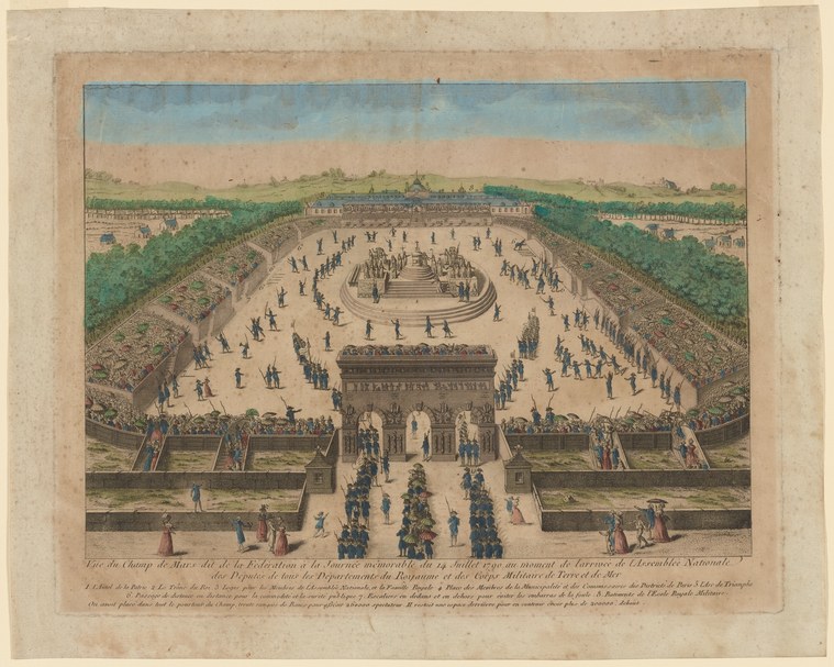 Bird's-eye view engraving of thousands of people in orderly formations around a central altar at the Champ de Mars during the 1790 Fête de la Fédération.