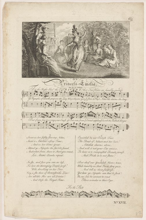 Eighteenth-century engraving: a woman reclines with arm raised while five figures in court dress attend her in a garden setting.