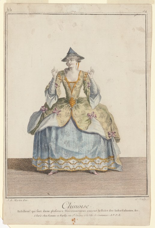 Woman in elaborate golden bodice and blue skirt with grey fur cape and conical hat, arms raised in formal pose, early 18th-century engraving