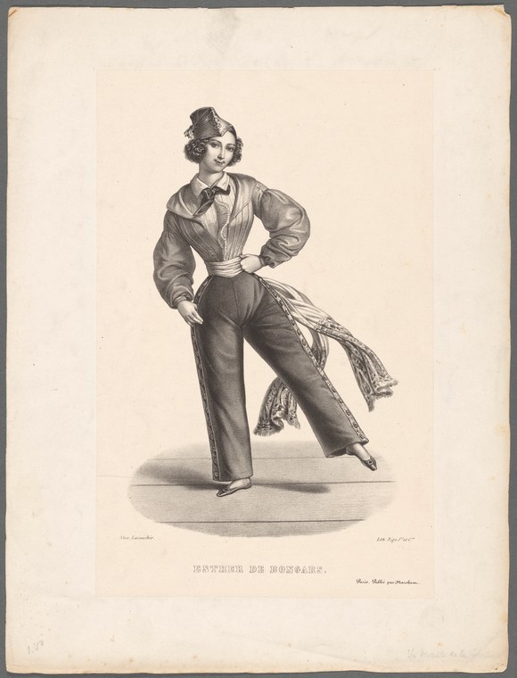 Engraved portrait of a female performer in a fitted jacket and trousers, standing in a dynamic pose with one leg raised.