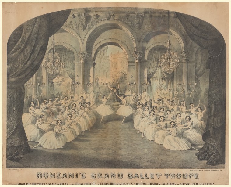 A hand-colored stage print showing dozens of pale-tutued ballet dancers in two symmetrical rows flanking a neoclassical theater interior, with two principal