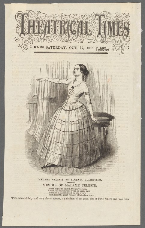 Wood engraving of a woman in a mid-19th-century crinoline ball gown standing in three-quarter view, labeled as Madame Celeste as Eugenia Claircille.