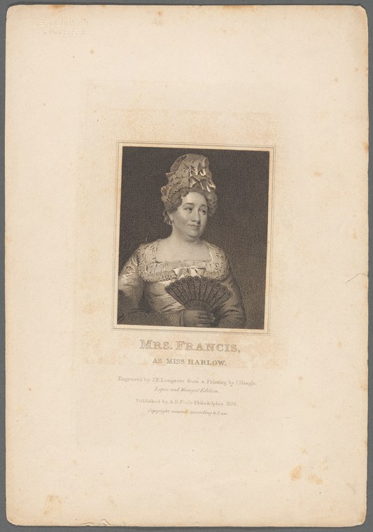 Portrait of a woman in a high-waisted white Regency gown, holding a fan, with elaborate upswept dark hair.