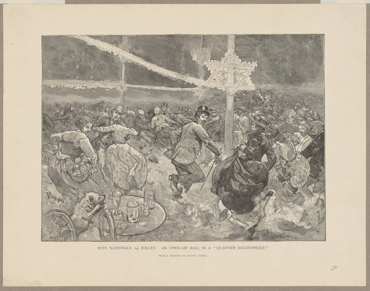 Wood engraving of a crowded outdoor ball on Bastille Day in Paris, with couples dancing waltz under overhead lights and bunting.