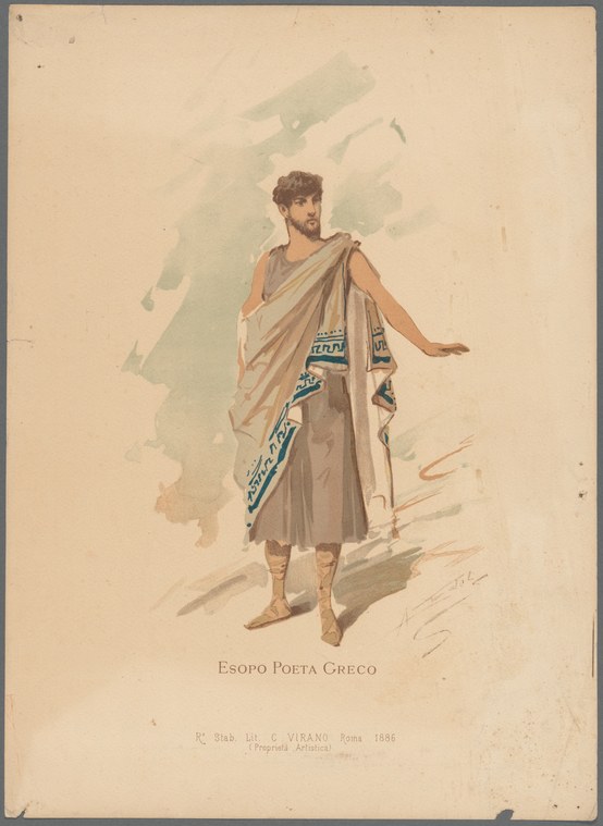 Watercolor study of bearded man in Greek himation holding a scroll, standing in an orator's pose with extended right arm.