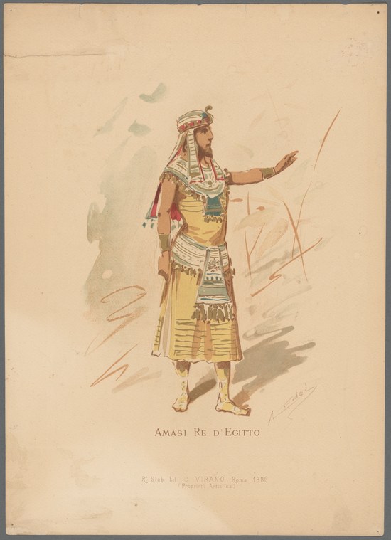 Standing figure in Egyptian royal dress with striped kilt, broad collar, and plumed headdress, left arm raised in gesture, frontal pose.