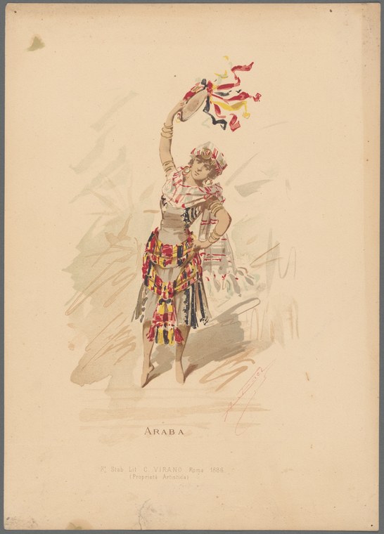 A figure in ornate red, yellow, and dark striped costume raises one arm holding a decorated fan or prop with streaming ribbons, standing in formal pose against