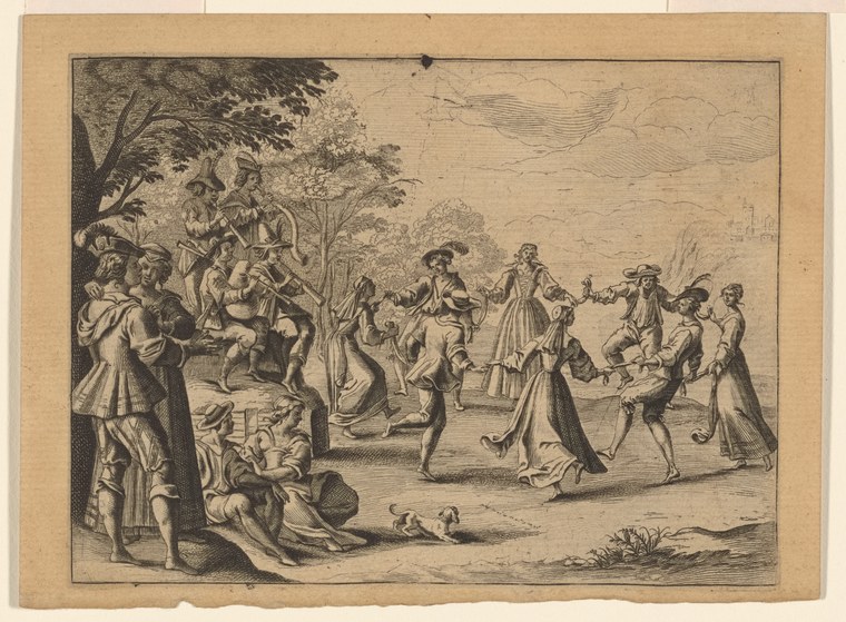 Engraving of figures dancing and gesturing in a wooded pastoral setting, several with legs elevated in jumping motion.